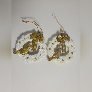 2 Vintage Cardinal Wreath Bird and Flowers White and Gold Hanging Ornament